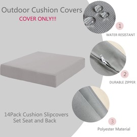 Sqodok Outdoor Cushion Covers 14Pcs Patio Cushion Slipcovers, Replacement Waterproof with Zipper for 6-Seaters Sofa, Outdoor Furniture Cushion Slipcovers Set Seat and Back, Covers Only (Grey)