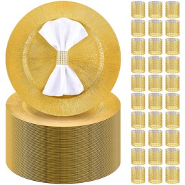 Tanlade 24 Sets Gold Charger Plates Set Plastic Plate Chargers with Napkin Rings 13 Inch Round Gold Chargers Bulk for Dinner Table Wedding Event Party Decoration