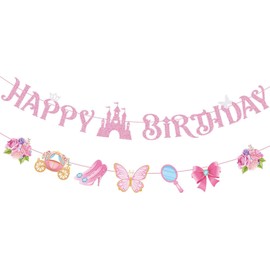 Happy Birthday Garland for Girls, Princess Happy Birthday Banner Birthday Garland with Castle, Crown, Flowers and Butterfly, for Girls Birthday Decoration, Baby Shower Decoration (Pink)