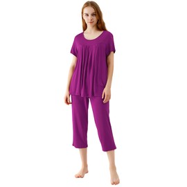 WiWi Bamboo Short Sleeve Lightweight Sleepwear Comfy Top with Capris Pants Pajamas Set Scoop Neck Pjs for Women S-XXL, Dark Reddish Purple, Medium