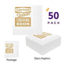 SharkBliss - Servilletas divertidas de cóctel de 16 cumpleaños, paquete de 50 servilletas de papel dulces para niños y niñas, decoración de 16 cumpleaños de 2 capas, 5 x 5 pulgadas (precaución dieciséis y conducción pronto, dorado)