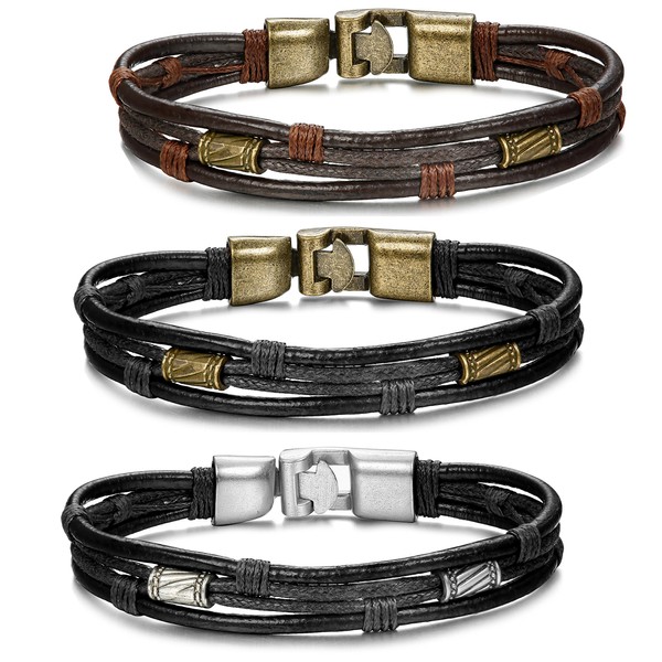 ORAZIO 3PCS Leather Bracelet for Men Vintage Braided Wrist Cuff Bangle, 8.5 Inches