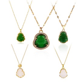 Luxury Laughing Buddha Pendant Necklace Set Lucky Green Jade Cubic Zirconia Bling Gemstone 20k Gold Plated Amulet Jewelry for Women Men-5pcs