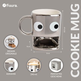 Fisura – Originelle Tasse zum Verschenken “Augen”. Silberne Tasse mit Keksfach. Keramiktasse mit Platz für Kekse. Fassungsvermögen 240 ml, modernes Design.