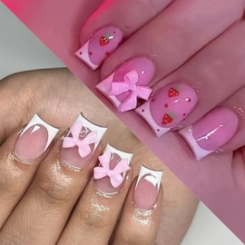 2 Packs 48Pcs French Tip Press on Nails Short Square Fake Nails Bow Charms Acrylic False Nails Cute Glue on Nails Reusable Artificial Nails Stick on Nails for Women Girls Manicure Nails Decoration