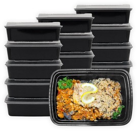 MULMEHË Plastic Food Storage Take-Out Container and Lid Combo, 24 oz, Microwaveable, Rectangular, Black, 7x5x2”, Set of 150
