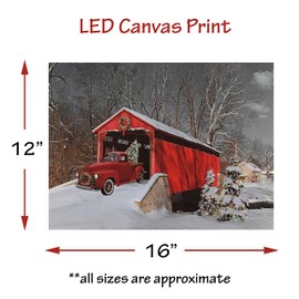 BANBERRY DESIGNS Lighted Red Truck Canvas Print - Set of 2 - Christmas Print with LED and Fiber Optic Lights - Winter Scene Wall Art - Measures 16" x 12"