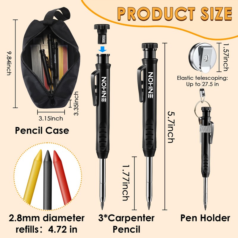 3 Pcs Carpenter Pencils with Retractable Holder, Mechanical Pencils Set