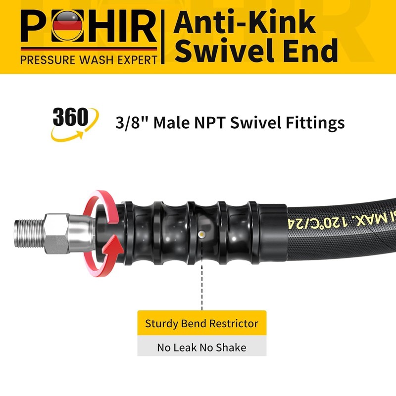 POHIR 5FT Pressure Washer Whip Hose 4800psi 3/8'' Steel Wire