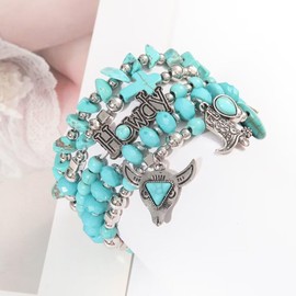 Todu 5 Pcs Western Cowgirl Turquoise Beaded Stretch Cow Boot Feather Charm Bracelets Bohemian Stackable Summer Beach For Women Jewelry Gift （Set 1）