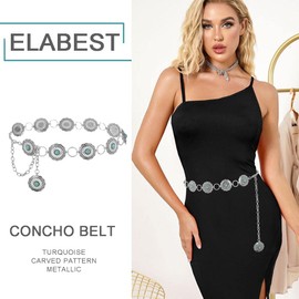 ELABEST Turquoise Chain Belt Silver Concho Belt Cowgirl Cowboy Western Waist Chain for Women and Men