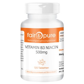 Fair & Pure Vitamin B3 Niacin 500mg Tagesdosis, 120 Stück, 500mg Vitamin B3 pro Tablette, schluckfreundlich, veganes Nahrungsergänzungsmittel ohne Zusätze, in Deutschland hergestellt