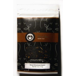 Mahamosa Mango Strawberry Organic Loose Black Tea 4 oz, Loose Leaf Black Tea Blend (with strawberry slices, mango cubes, marigold blossoms)