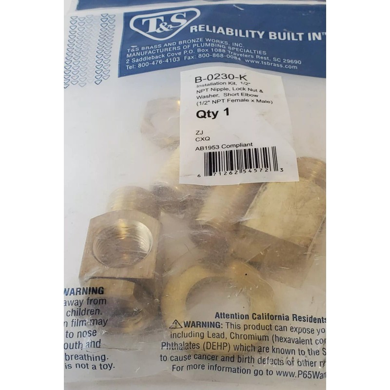 T&S BRASS INSTALLATION KIT, 1/2 NPT NIPPLE, LOCK NUT &NIPPLE
