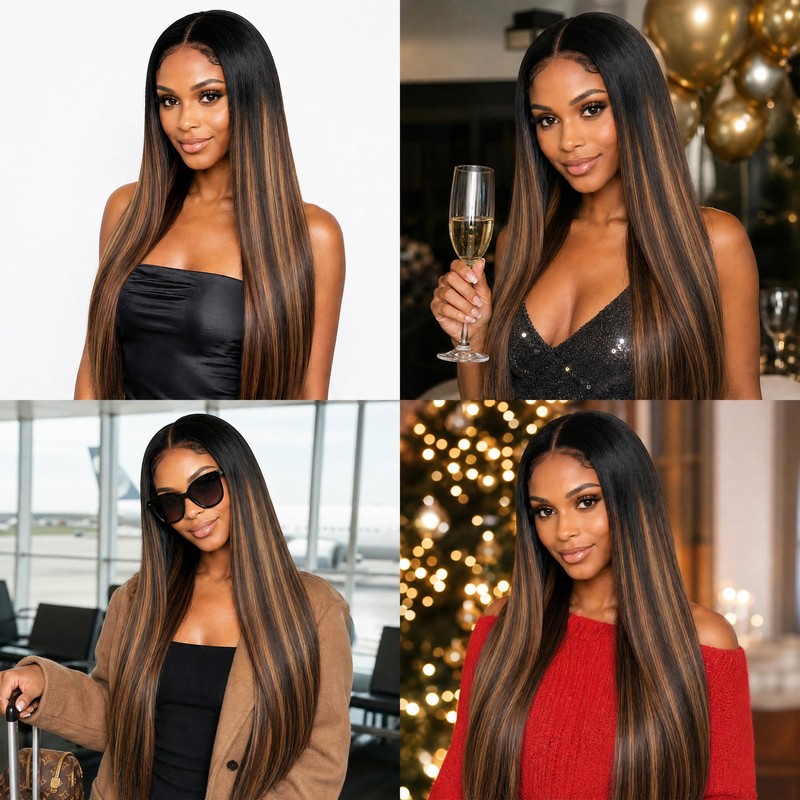 T1B/P430 Highlighted Light‑Brown Straight Hair Bundles 14/16/18