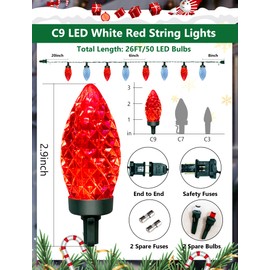 Cbebew C9 Christmas String Lights, 50LED 26FT Red and White Christmas Lights, Waterproof Connectable Fairy Lights for Indoor Outdoor Home Garden Yard Xmas Tree House Decorations