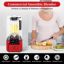 WUSILILU 2200W Commercial Professional Blender with Shield Quiet Sound Enclosure and Timer, 2.2L 8 Gears Automatic Smoothie Blender, LED Display, for Restaurant, Hotel, Snack Bar, Cafe