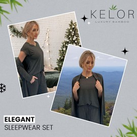 K E L O R Womens 3 Piece Pajama/Lounge Sets, Short Sleeve Top, Regular Leg Pants, Long Open Front Robe, Soft 92% Viscose from Bamboo and 8% Spandex, Small Charcoal Gray