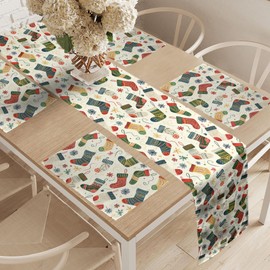 Ambesonne Christmas Table Runner, Placemats, Whimsical Colorful Xmas Stockings Falling Snowflakes Illustration, Set for Dining Table Decor, Placemat 4 pcs + Runner 16"x72", Dark Coral Teal Blue Grey