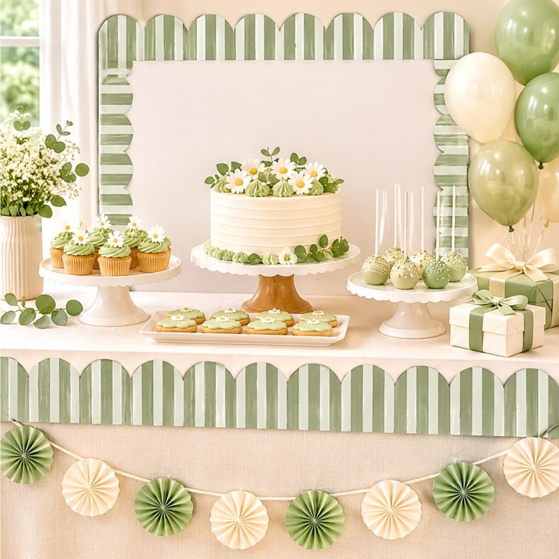 JarThenaAMCS 65Ft Stripe Bulletin Board Border Roll, Sage Green,Scalloped