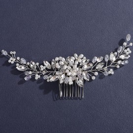 Lenjicons Elegant Flower Pearls Rhinestone Hair Comb Crystal Rhinestone Wedding Headpiece Sparkling Crystal Beads Bridal Hair Comb Wedding Hair Accessories for Women (silver)