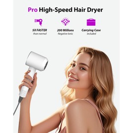 Hair Dryer with Carry Case, 160000 RPM Professional High-Speed Blow Dryer 200 Millions Negative Ionic Care Hair Dryer for Fast Drying, Low Noise Hairdryer, Travel with Magnetic Diffuser&Nozzle, White