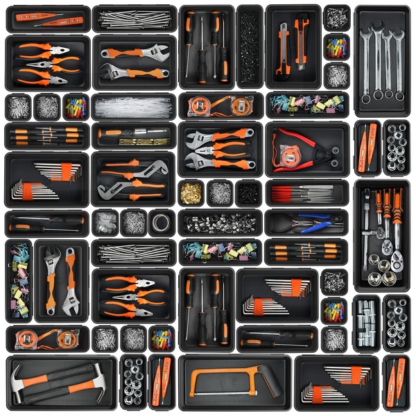 A-LUGEI【𝟱𝟴𝗣𝗰𝘀】【5 Size】 Tool Box Organizer Tray Divider Set, 【Black】 Desk Drawer Organizer, Garage Organization and Storage Toolbox Accessories Rolling Tool Chest Cart Cabinet WorkBench Small Part