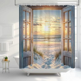 Yuphive Coast Beach Shower Curtain, Blue Ocean Wave Hawaiian Sunset Ocean View Bathroom Boho Coastal Shower Curtain, Vintage Country Barn Door Nautical Fabric Shower Curtain Set with 12 Hooks 72X72IN