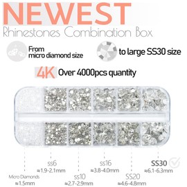 4010pcs Crystal White Glitter Stones Rhinestones Nails, 6 Sizes (1.6-6 mm) for SS30 K9 Glass Round Nail Stones Glitter Stones Rhinestones Nail Art Nail Design Nail Charms for Nail Art Face
