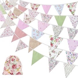 40ft/12m Fabric Bunting Banners, 42PCS Floral Vintage Triangle Flags Reusable Cotton Cloth Pennants Garland for Garden Wedding Birthday Party Baby Shower Outdoor Hanging Nursery Decoration