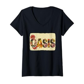 Womens Colorful Oasis Statement with Flowers V-Neck T-Shirt