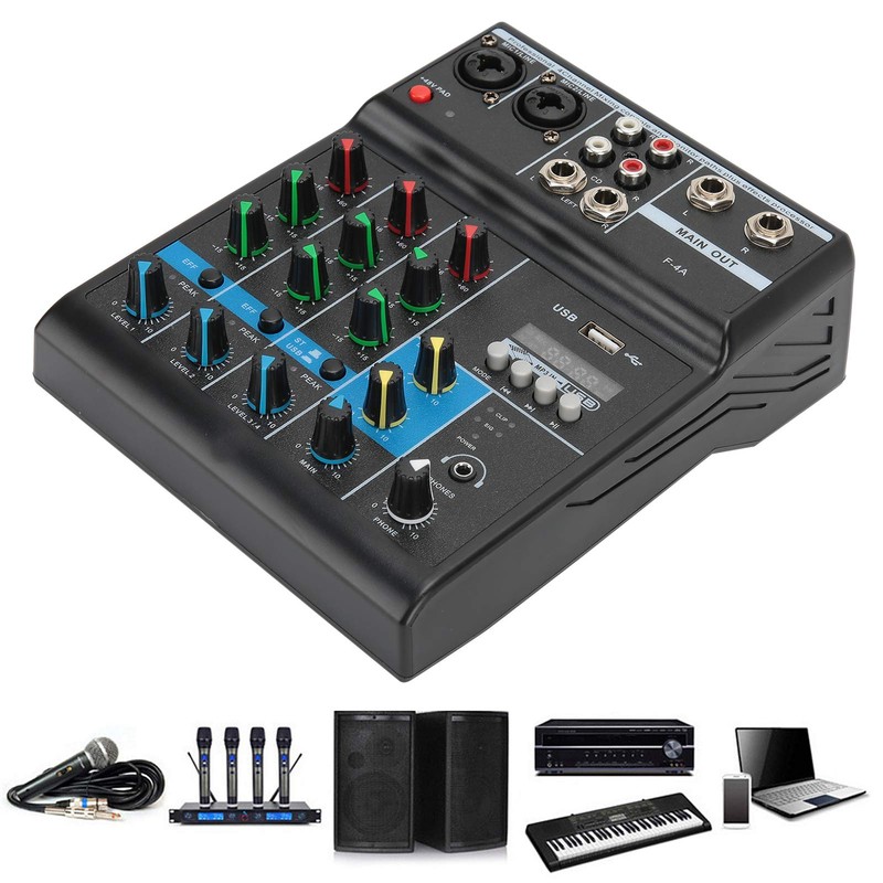 Professional 4 Channel Audio Mixer, Sound Board Console System, DJ