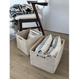 Loma Rectangular Rattan Storage Basket with Cut-Out Handles - White-Wash - Coastal-Inspired Handwoven Rattan Basket for Home Organization & Décor
