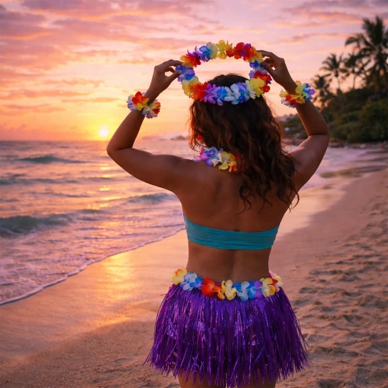 4 Set Falda Pulseras Collar Diadema Hawaiano Disfraz Fiesta