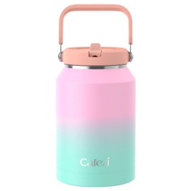 Cafezi 64oz (2L) Stainless Steel Water Bottle - Insulated Double Wall Vacuum Flask with Flip Straw & Carry Handle, Leakproof Gym Water Jug Keeps Ice 34Hrs, No Sweat Design for Outdoors, Hiking, Work