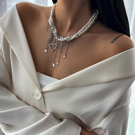 Multilayer Pearl Choker Necklace for Women Star Heart Cross Tassel Necklace Long Chain Tassel Necklaces Dainty Jewelry Gift