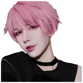 Happykoko Men's Full Wig, Pink Wig, Twink Short, Short Hair, Straight, Small Face, Artificial Scalp, Natural, Heat Resistant, Men's Clothing, Wig, Net Included, Pink