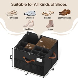 MSTONAL Shoe Organizer for Closet, 2 Pack Shoe Storage Containers with Adjustable Dividers, Space Saving Shoe Box Organizers Bins with Clear Lids & 4 Reinforced Handles, Fits 16-32 Pairs, Pure Black