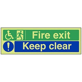 V Safety Glow In The Dark Wheel Chair Fire Exit/Keep Clear Sign - 300mm x 100mm - Rigid Plastic