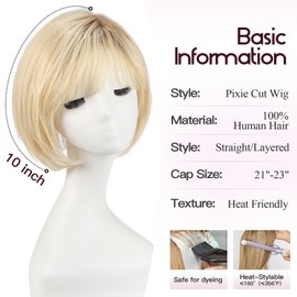 EMMOR Human Hair Toppers for Women Short Bob Real Hair Toppers with Bangs Side Part Hair Pieces for Women with Thin Hair 10" Hair Extension with Larger Base Human Wig Toppers(Ombre Light Blonde)
