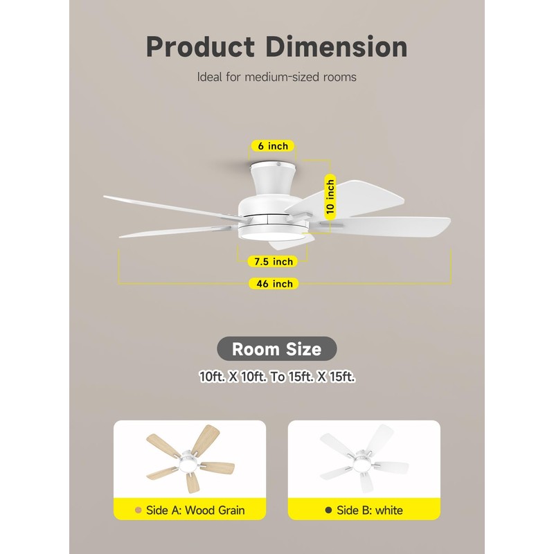 TALOYA Ceiling Fans with Lights and Remote, 46 Inch Low
