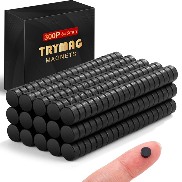 TRYMAG Black Small Refrigerator Magnets, 6x3mm Round Rare Earth 300Pcs