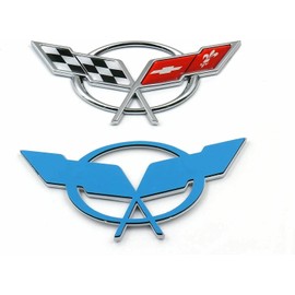 Pair Set 1997-2004 Corvette C5 Front Nose Emblem and Rear Deck Lid 3D Crossed Flags Badge Replacement for Corvette (Rear Deck Emblem Only(Chrome Red)