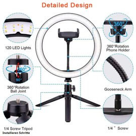 26cm/10in Ring Light LED Live Lamp Fill Light Dimmable USB Port 2800K‑7000K with Desktop Tripod Phone Clip Set