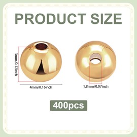 PH PandaHall 400 cuentas espaciadoras chapadas en oro de 14 quilates, cuentas de oro de 4 mm, cuentas redondas de latón, pequeñas cuentas espaciadoras sueltas para pulseras, collares, abalorios y