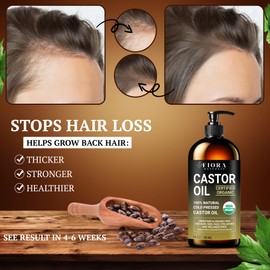Organic Castor Oil in Glass Bottle – 16 Oz Cold Pressed & Hexane-Free – USDA Certified – Hair Growth Oil For Lashes, Brows, Skin & Scalp – with Pump