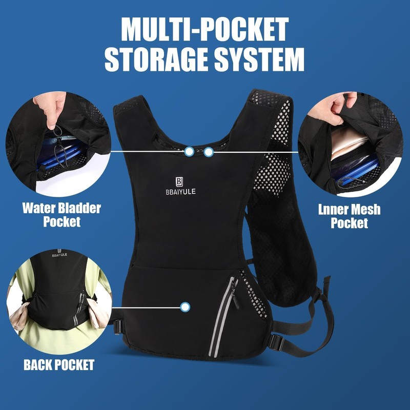 BBAIYULE Hydration Running Vest, 470ml Water Bottle, 9 Pockets, Reflective