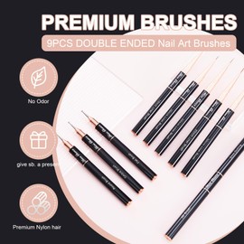 Shine Chance Shine Chance 9Pcs Nail Art Brushes Set, Professional Double-Ended Acrylic Liner Detail Brushes for Gel Polish Art Nail, 3D Art Nail Dotting Brush Pen for Manicure DIY Home Salon, Black