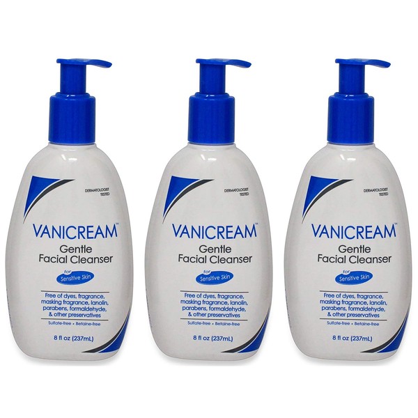Vanicream Gentle Facial Cleanser for Sensitive Skin, 8 Oz (Pack of 3), Unscented, 24 Fl Oz