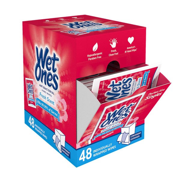 Wet Ones Antibacterial Hand Wipes, Fresh Scent, 48 Individually Wrapped Wipes in a Dispenser, Packaging May Vary